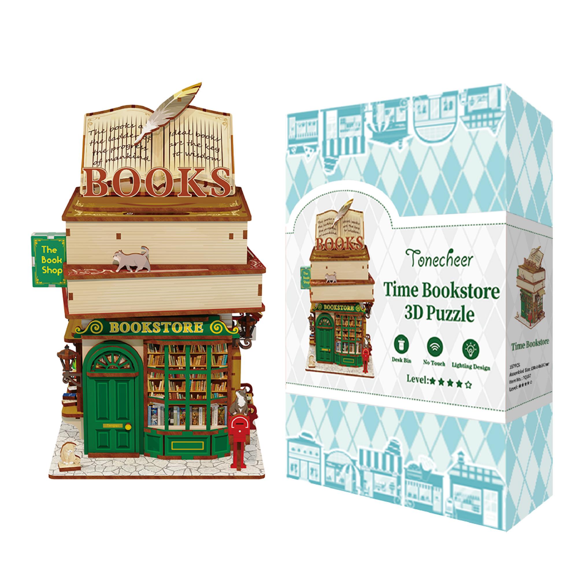 Tonecheer Time Bookstore 3D Puzzle Bookstore Model Doll House DIY Building Games Kids Puzzle Toys