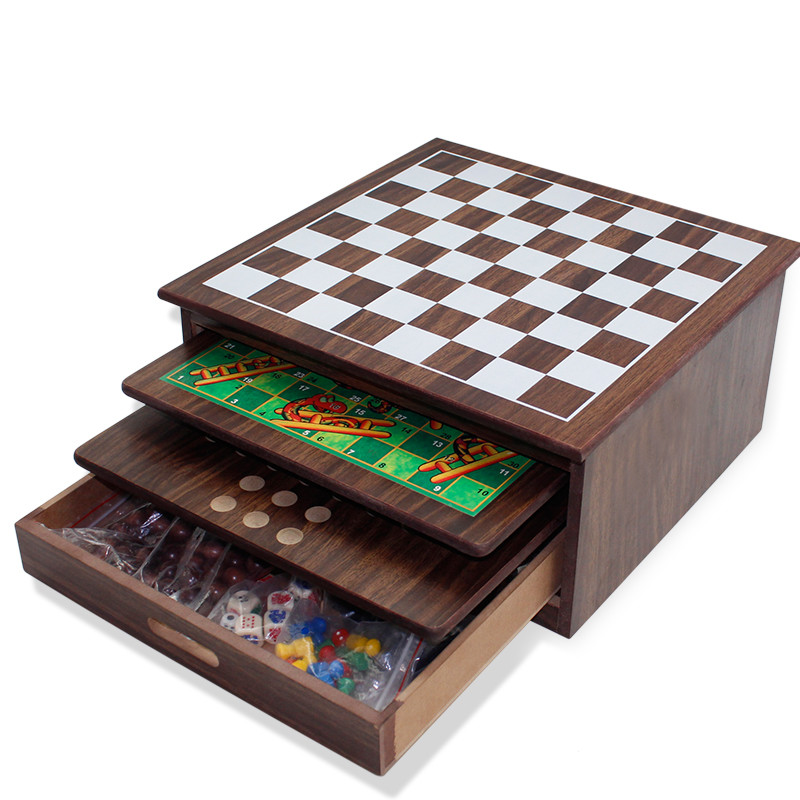 Multi 15 in 1 Wooden Chess Table Board Game Toy with Chess Backgammon Ludo Domino Mikado Game for Kids' Entertainment
